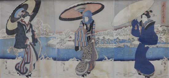 Two Japanese woodblock triptychs of bijin, 19th century,